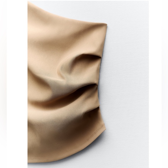 Zara NWT tan one shoulder top with asymmetrical hem & ruched side pleats - Picture 7 of 8